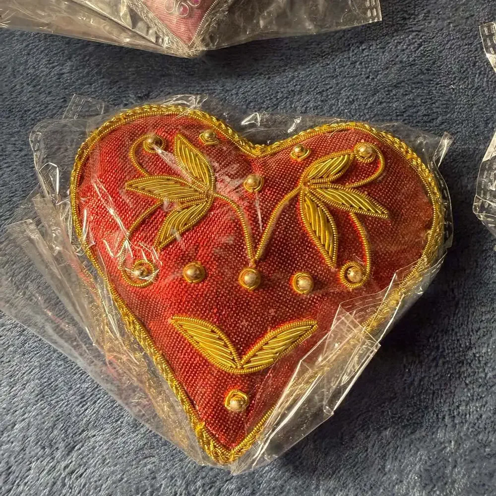 Set of 4 Handcrafted Beaded & Embroidered Heart Ornaments Multi-Color